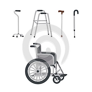 Wheelchair, cane, crutch, walkers, walking stick. Set of special Medical Rehabilitation Auxiliary Equipment for elderly photo
