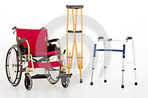 Wheelchair,crutches and Mobility aids. isolated on white photo