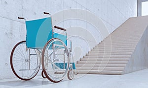 Wheelchair for the disabled in front of a long flight of stairs