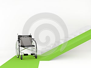 Wheelchair in front of the stairs with ramp. Vacancy for a disabled person. The concept of an accessible environment.
