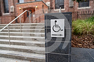 Wheelchair handicap disabled leading around set of stairs for abled body people