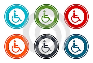 Wheelchair handicap icon flat vector illustration design round buttons collection 6 concept colorful frame simple circle set