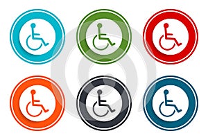 Wheelchair handicap icon flat vector illustration design round buttons collection 6 concept colorful frame simple circle set