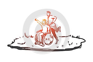 Wheelchair, handicapped, boy, walk concept. Hand drawn isolated vector.