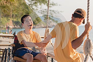 Wheelchair with happy travel on the ocean concept.