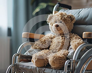 A wheelchair at home, adorned with a cuddly teddy bear, exudes a sense of nurturing love