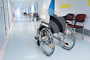 Wheelchair in the hospital hall. Hospital interior. Medical healthcare concept