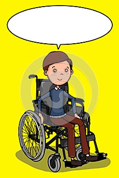 Wheelchair illustration drawing and on sitting cute cartoon characters girl or boy and speech bubble with colors background