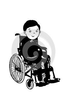 Wheelchair illustration drawing and on sitting cute cartoon characters girl or boy and speech bubble with colors background