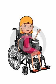Wheelchair illustration drawing and on sitting cute cartoon characters girl and speech bubble with colors background