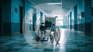 Wheelchair in the middle of an empty hospital. Generative AI.