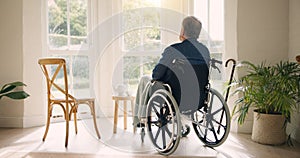 Wheelchair, old man or thinking of memory by window in nursing home or retirement with depression. Nostalgia, sad or
