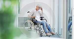 Wheelchair, old woman and frustrated or stress at the hospital or with injury and medical care. Healthcare, wellness and