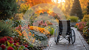 Wheelchair on Pathway in Autumn Garden