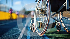 a wheelchair stands on a running stadium on a sunny day, back view, for summer paralympics games, banner, copy space