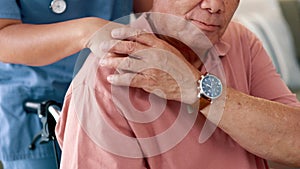 Wheelchair, support or helping hand of nurse with patient for healthcare, hope or service in retirement. Closeup, medic