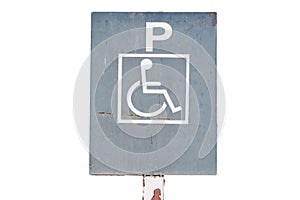 Wheelchair symbol in a Parking a metal square sign condition old