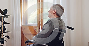 Wheelchair, thinking and senior man patient in retirement home with mental health and grief. Bedroom, sad and elderly