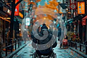 Wheelchair user navigating a bustling city sidewalk, highlighting their integration into everyday urban life
