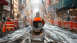 Wheelchair User Navigating a Muddy Construction Site in the City