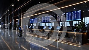 Wheelchair users interact with airport check-in staff at sleek counters in a well-lit modern terminal space. photo