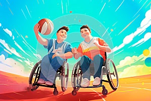 Wheelchair users play ball. Preparation for Paralympics. Healthy lifestyle, athletes with disabilities