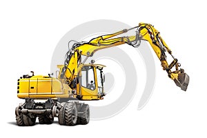 Wheeled excavator isolated on white background. Powerful excavator with an extended bucket close-up. An excavator that can run on
