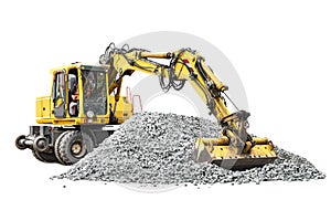Wheeled excavator isolated on white background. Powerful excavator with an extended bucket close-up on a pile of rubble or gravel