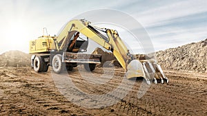 A wheeled excavator works in a sand pit against the sky. Powerful earthmoving equipment. Excavation. Construction site. Rental of