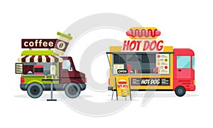 Wheeled Food Truck Selling Coffee and Hot Dog as Street Snack Restaurant Vector Set