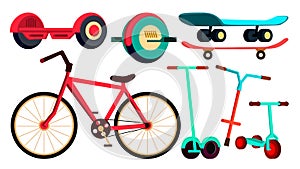 Wheeled Items Set Bicycle, Skateboard, Scooter Vector. Urdan Transport. Modern Gadget. Isolated Cartoon Illustration
