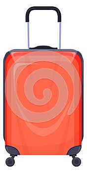 Wheeled travel bag. Red plastic cartoon suitcase