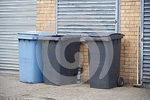 Wheelie bins blue and black for refuge collection in row