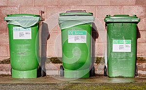 Wheelie bins in row segregated for recycling rubbish