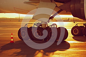 Wheels of the airplane at the sunset