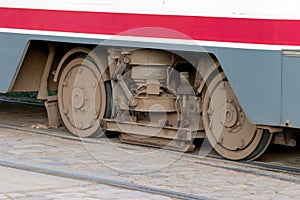  The wheels and braking system from a tram