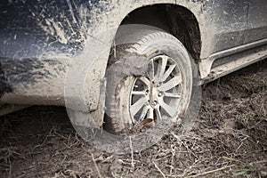 The wheels of the car are stuck in the mud. Off-road driving.