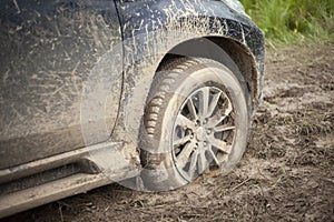 The wheels of the car are stuck in the mud. Off-road driving.