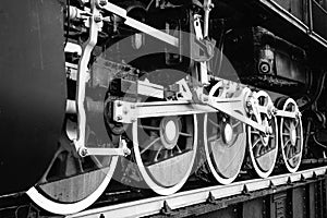 Wheels and construction details of retro steam locomotive