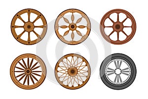 Wheels Evolution from Old Ancient Wooden Ring to Modern Transport Wheel. Transportation History Invention, Progress