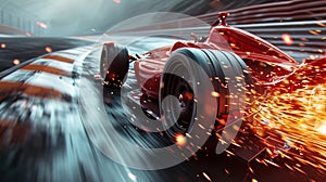 The wheels of a highperformance vehicle spin rapidly releasing a flurry of sparks as it hugs the curves of the race