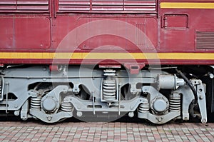 The wheels of a modern Russian electric train with shock absorbers and braking devices. The side of the ca