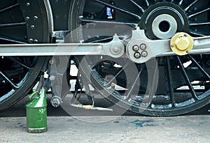 Wheels and oil can of the Duchess of Sutherland at the Midland Railway Centre UK