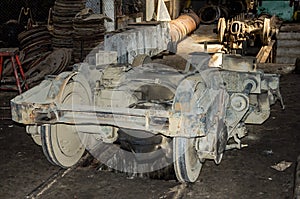 The wheels on the rails of the tramway for repairs in the garage at the depot in Lviv