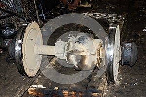 The wheels on the rails of the tramway for repairs in the garage at the depot in Lviv