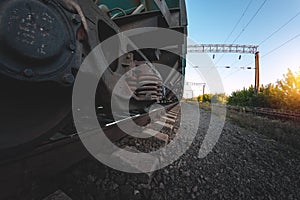 Wheels of a railway train on rails, cargo transportation