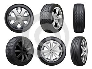 Wheels realistic. Tyres road maintenance vector automobile 3d automobile items collection