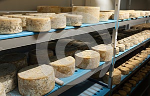 Wheels of sheep cheese on shelves in ripening room of cheese dairy