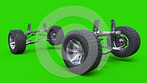 Wheels Shock Absorber Car Green Screen Route 3D Rendering Animation 4K