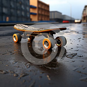 Wheels of a skateboard meeting the textured embrace of city asphalt